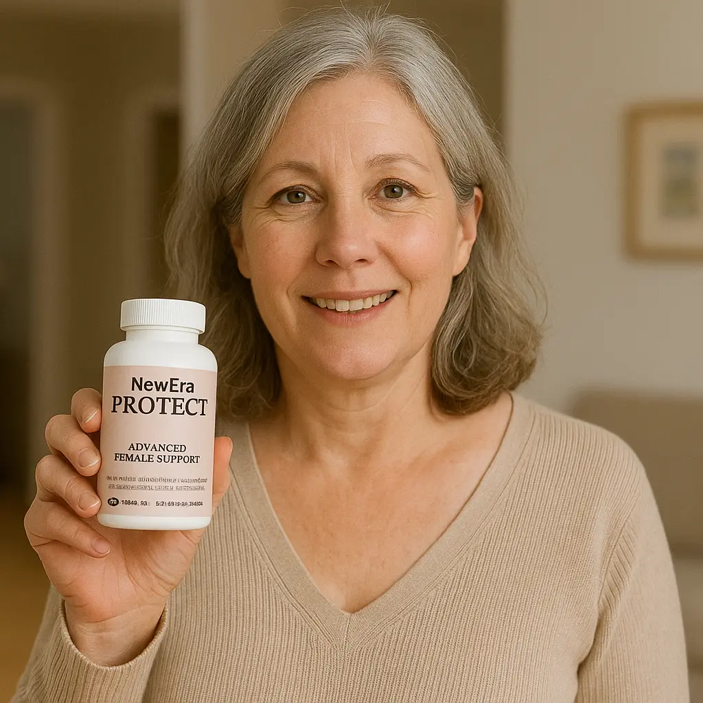 NewEra Protect customer review - satisfied woman showing supplement bottle