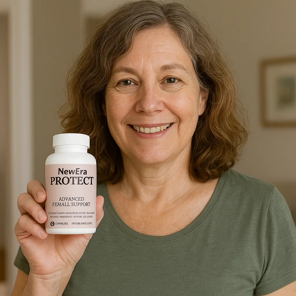 NewEra Protect customer review - woman smiling holding bladder supplement